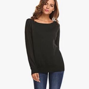 Womens Loose Knitted Sweater Crewneck Off Shoulder Knit Pullover Sweaters Black